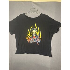 Betty Boop Motorcycle With Fire Black Graphic Crop Tshirt- Y2K Style‎